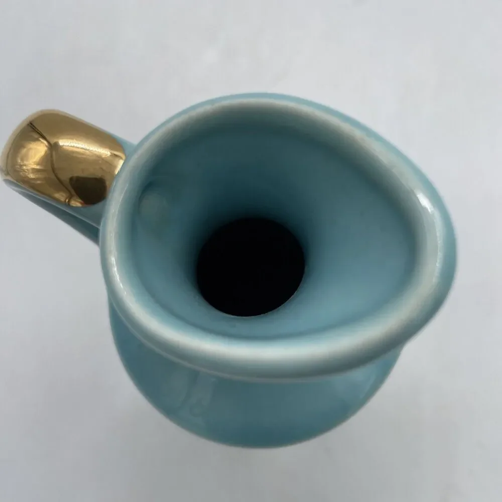 Vintage American Art Pottery Blue with Gold Gilt 7” Pitcher Vase Signed USA 210